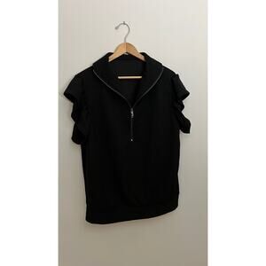 Black Ribbed Half Zip Top with Ruffle Sleeves Size XL